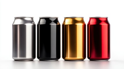 This image features four colorful soda cans in silver, black, gold, and red, showcasing their sleek designs and shiny surfaces against a clean white backdrop.