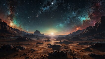 Cosmic landscape with glowing galaxies and diffuse light