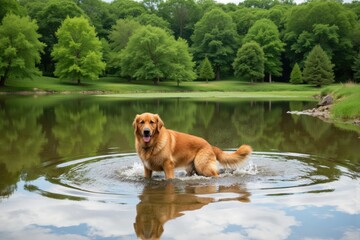 A playful golden retriever splashes in a shallow pond, enjoying the cool water on a hot day. Lush green trees surround the area, creating a serene and refreshing atmosphere