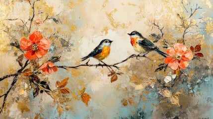Two birds perched on branch, floral background, wall art