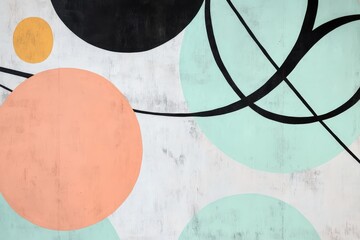 Abstract wall art featuring colorful geometric shapes, including circles and lines, creating a modern design perfect for contemporary interiors or creative spaces.