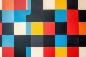 Abstract wall art design featuring colorful geometric patterns in blue, yellow, red, black, and white. Modern decor for office or creative space inspiration.