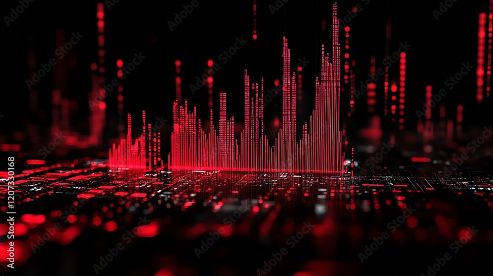 Poster visual representation of digital data trends in red with a futuristic design and intricate patterns