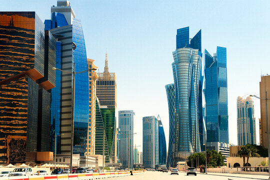 Central Doha, Qatar. Iconic high rise on Majlis Al Taawon St. include Golden Bay Tower, Palm Twin Tower and Islamic Bank Tower