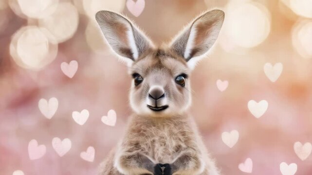 Cute Baby Kangaroo With Heart-Shaped Bokeh Background Showcasing a Playful and Charming Atmosphere in a Light and Colorful Setting. Generative AI