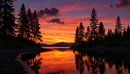 Fototapeta premium Sunset behind tall pine trees with glowing orange and purple sky in a peaceful lakeside setting at dusk
