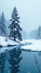 Fototapeta premium Frozen lake with isolated pine tree amidst snowstorm, cold winter scene, wintry atmosphere, snowy woods