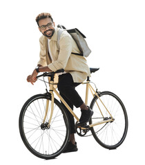 Young handsome man with bike isolated transparent PNG, Full length portrait of smiling student man with bicycle, Modern healthy lifestyle, travel, casual business concept