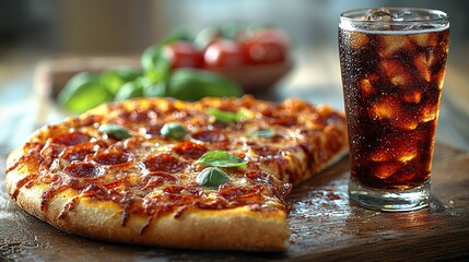 A fast food advertisement-style photo showcasing a pizza slice and coke with ice from a gas station © Danila