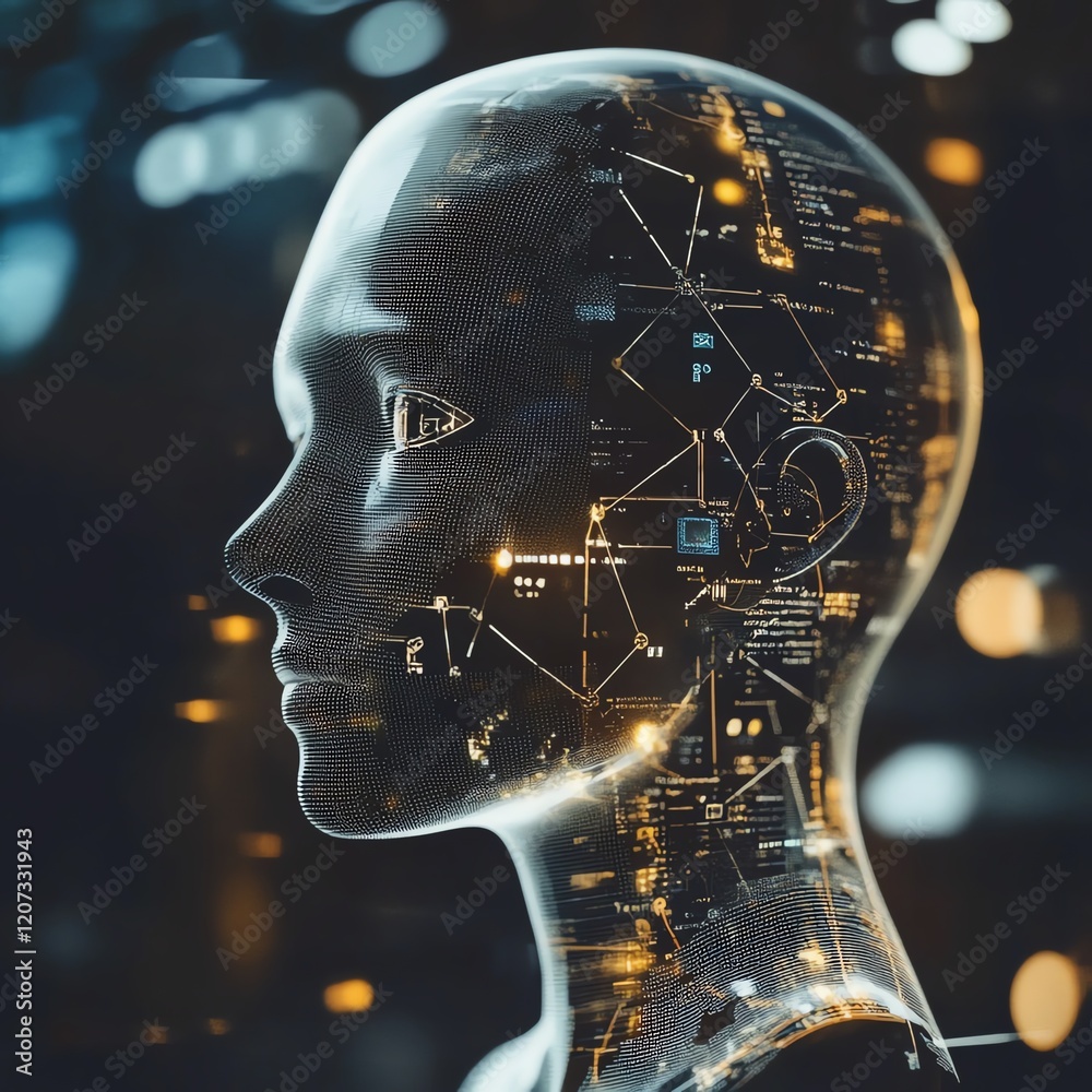 Poster digital representation of a futuristic humanoid figure with illuminated circuitry and data patterns 