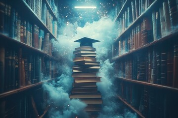 Mystical library with books and graduation cap.