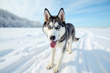 A sleek Siberian husky stands proudly on a snowy landscape, its striking blue eyes shining in the sunlight. The white snow and clear sky create a beautiful winter scene