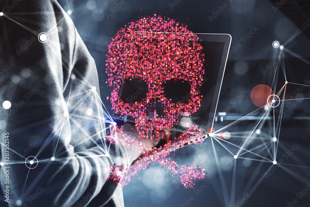 Poster Digital skull hologram over laptop, cybersecurity attack warning concept. 3D Rendering