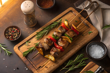 Grilled meat skewers with vegetables on a wooden board with rosemary sprigs and peppercorns