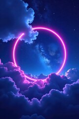 Obraz premium Glowing neon rings in the darkening sky with blue and purple wispy clouds, blue, universe, astronomy