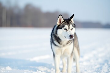 A sleek Siberian husky stands proudly on a snowy landscape, its striking blue eyes shining in the sunlight. The white snow and clear sky create a beautiful winter scene