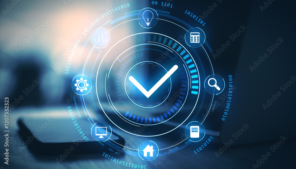 Aufkleber blue holographic checkmark icon interface on digital screen in technology background.