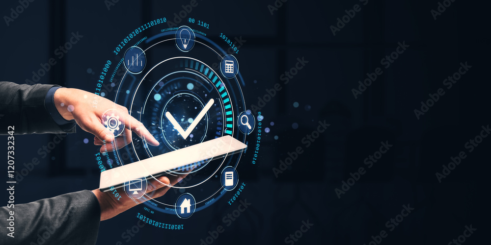Fototapete digital interface with a checkmark hologram above a tablet held by hands in a dark background. conce