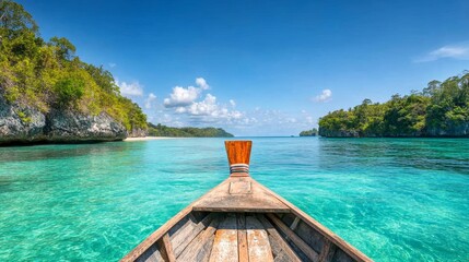 Serene Tropical Paradise with Crystal Clear Water and Wooden Boat in Scenic Landscape Under Bright Blue Sky with Fluffy Clouds and Lush Green Surroundings