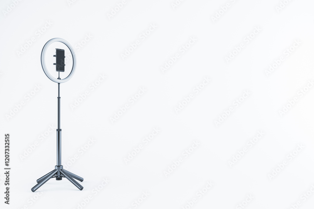 Poster Smartphone on tripod with ring light on white background. 3D Rendering