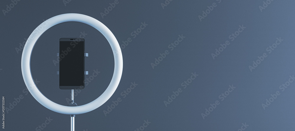 Poster smartphone in a ring light holder on gradient background. 3d rendering