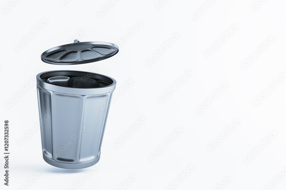 Poster Open metal garbage can with lid isolated on white background. 3D Rendering