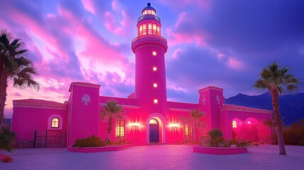 Pink Lighthouse at Sunset: A Vibrant Oasis in the Desert