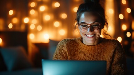 In this warm and cozy atmosphere, a smiling woman is engaged with her laptop, highlighting the joy of technology combined with comfort in an inviting setting.