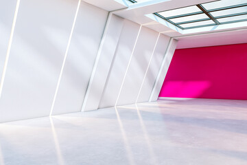 Obraz premium Modern interior space with white walls, pink accent wall, and skylight creating bright reflections on polished concrete floor. 3D Rendering