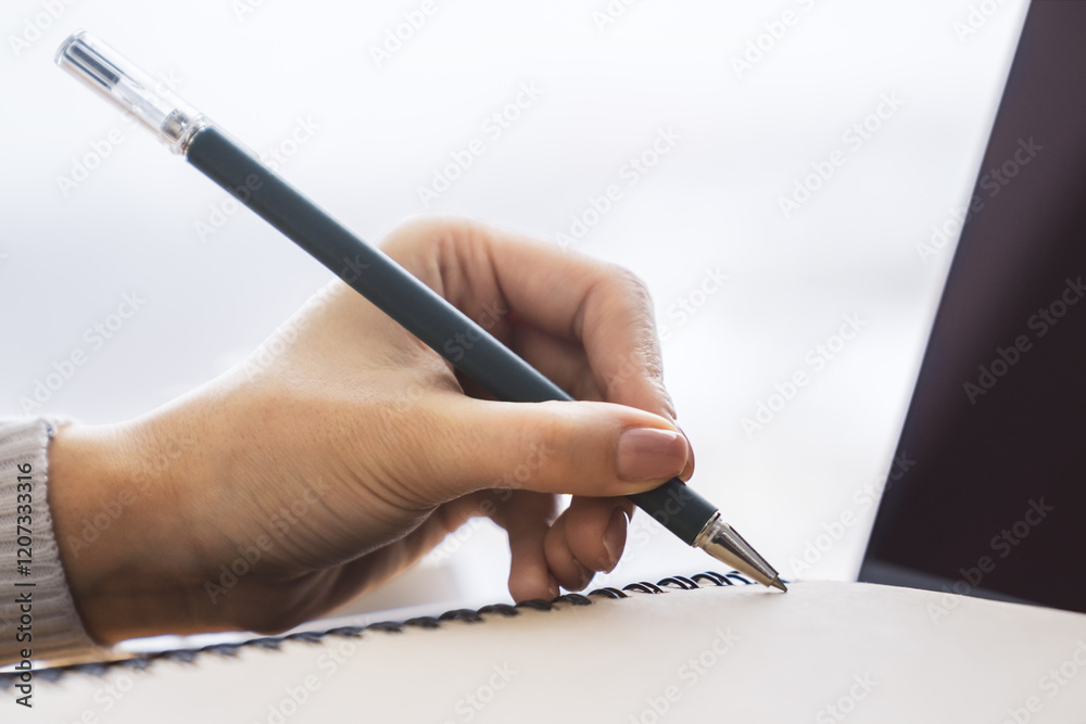 Poster focused view of a woman's hand as she writes in a notepad on a modern laptop, background gently blur