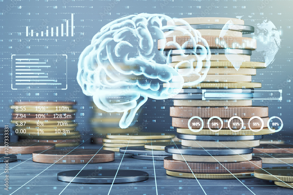 Poster digital brain and data overlays on stacked coins depicting financial technology and ai economy conce