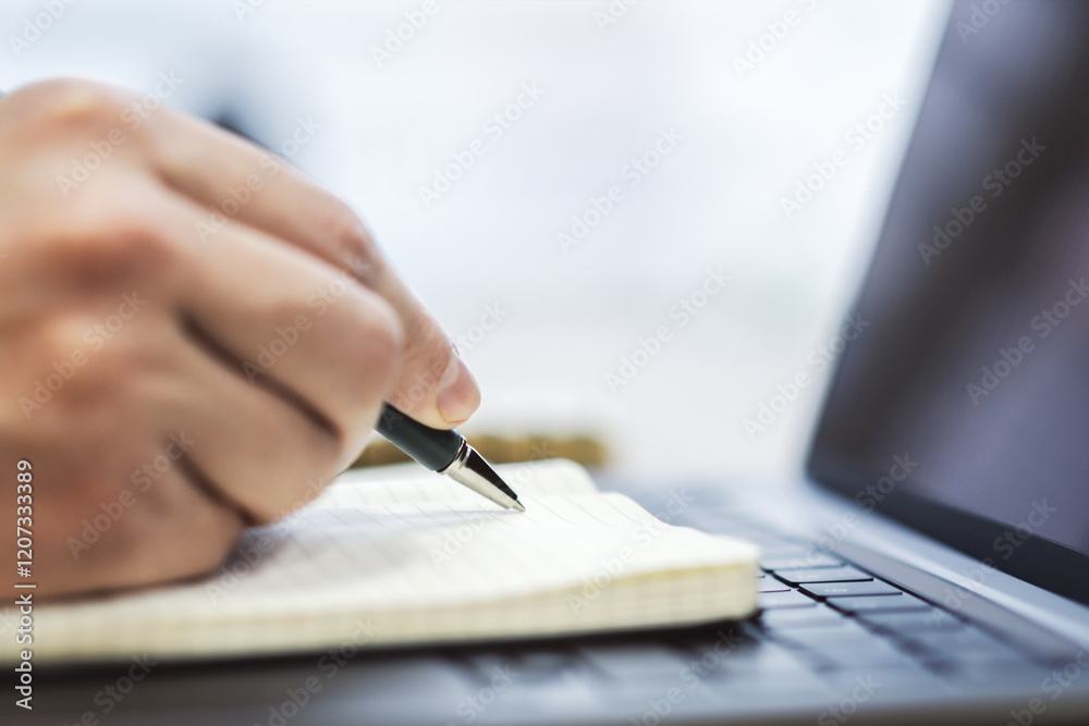 Poster in close view, a man's hand writing down notes in a notepad on a laptop, against a hazy backdrop