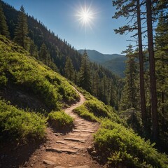 A winding trail leading up a forested mountain under a bright, clear sky.
