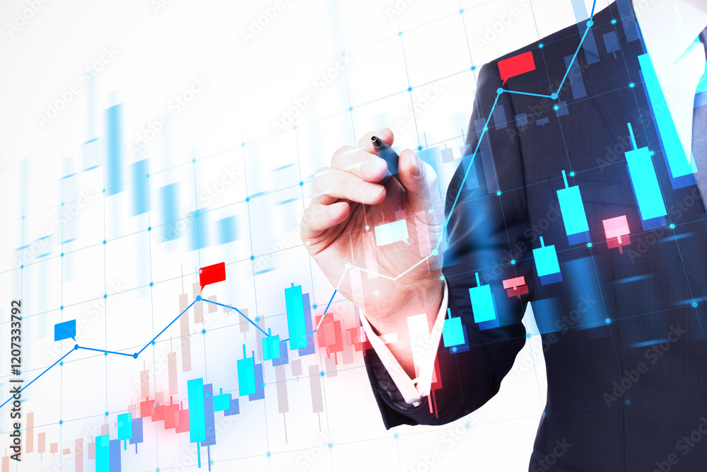 Poster business professional analyzing stock market data on a digital graph interface background.
