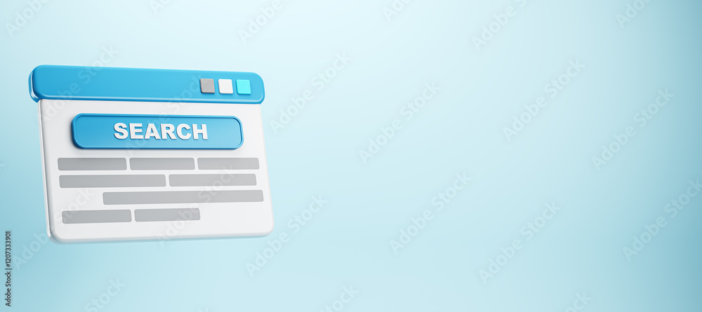 Poster 3D search interface design with a highlighted button on a light blue background. 3D Rendering