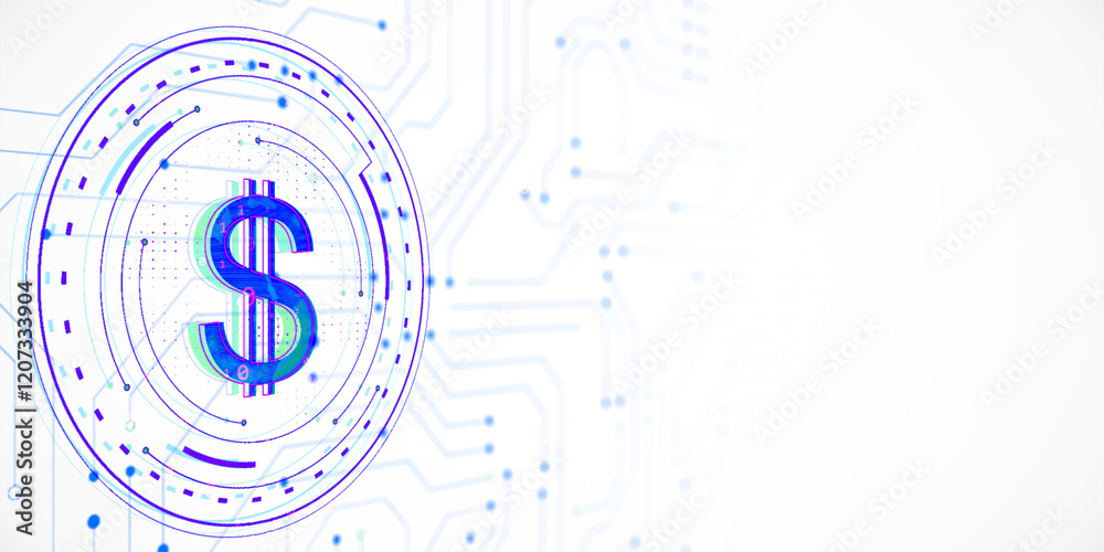 Poster Digital dollar symbol with circuit-like design on white background. 3D Rendering