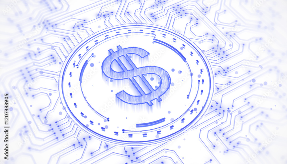 Poster Digital dollar sign with circuit board design. 3D Rendering