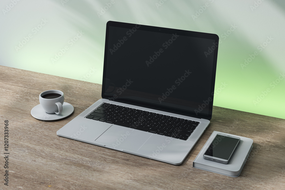 Poster laptop screen mockup with smartphone and coffee cup on desk in sunlight. 3d rendering