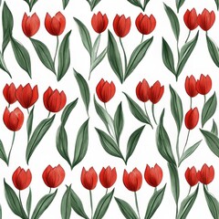 Obraz premium Red Tulips Floral Pattern White Background Design