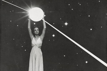 A black and white image of a woman reaching up to a bright celestial body or white beam among stars. Image contains noise and motion blur. Elements of this image furnished by NASA © Rytis