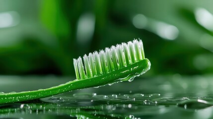 This image showcases a close-up view of a vibrant green toothbrush, adorned with droplets of water, against a blurred green background, evoking freshness and cleanliness.