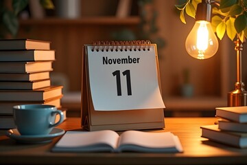 A calendar page flipping to November 11, set in a cozy desk scene.