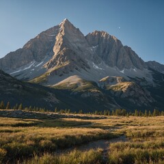A rocky mountain peak towering over a serene valley, with a crystal-clear sky in the background.