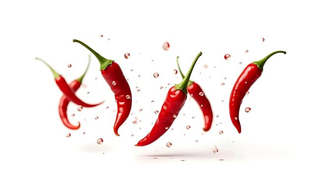 Flying falling red chili peppers isolated on transparent or white background, png