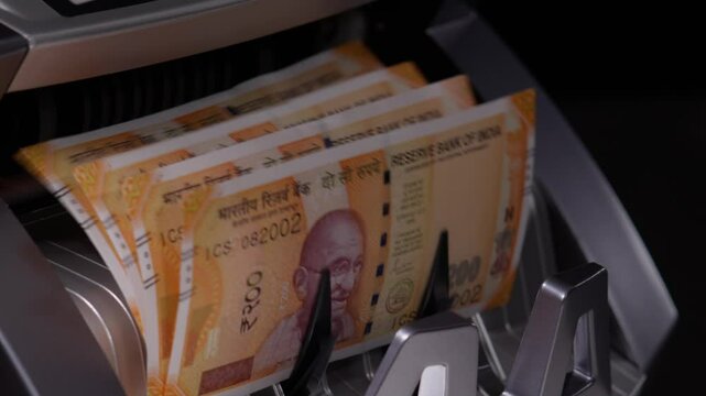 Close shot of Indian two hundred rupee notes coming out of the counting machine.