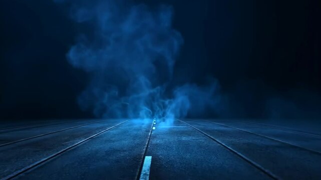 Mysterious night highway with glowing blue fog and white road markings. Dark atmospheric empty road with mystical mist. Cinematic journey concept for background with copy space