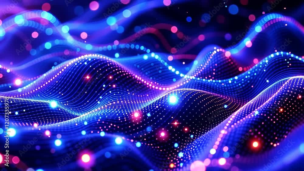 Poster abstract digital waves with glowing particles. futuristic technology visualization in purple and blu
