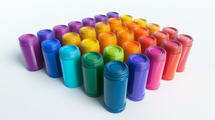 Colorful containers arranged in a vibrant pattern. These bright cylindrical containers are ideal for creative projects and artistic endeavors. Generative AI.