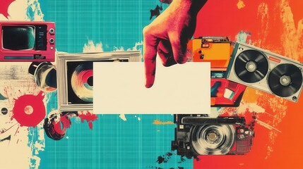 Colorful vintage collage of retro electronics in design.