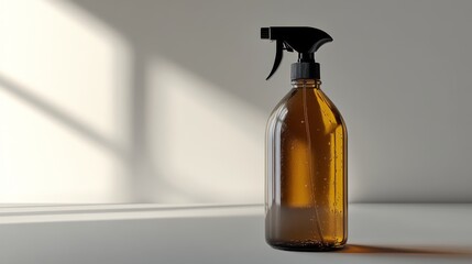 A sleek amber spray bottle stands elegantly against a light backdrop. The design blends functionality and modern aesthetics seamlessly. Perfect for a variety of liquids. Generative AI